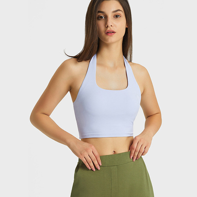 Halter Neck Women Sports Bra Sexy Pleated Back Crop Tops With Removable Pad