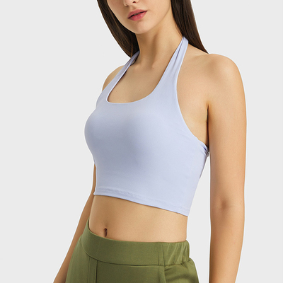 Halter Neck Women Sports Bra Sexy Pleated Back Crop Tops With Removable Pad