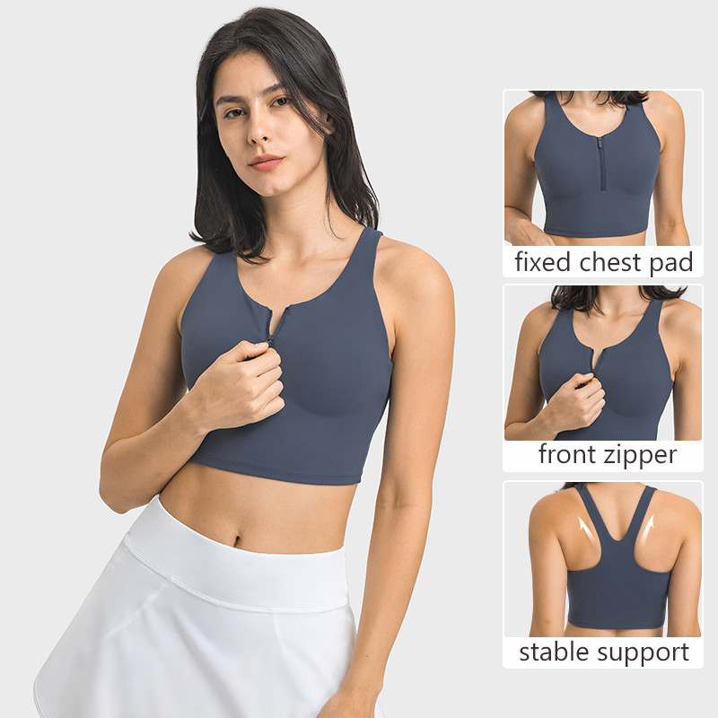 New Front Zip Sports Bra High Elastic Breathable Tank Top With Fixed Pad